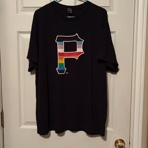 Pitts. Pirates Gildan Tee Black Short Sleeve with Rainbow Vibrant Design “P”